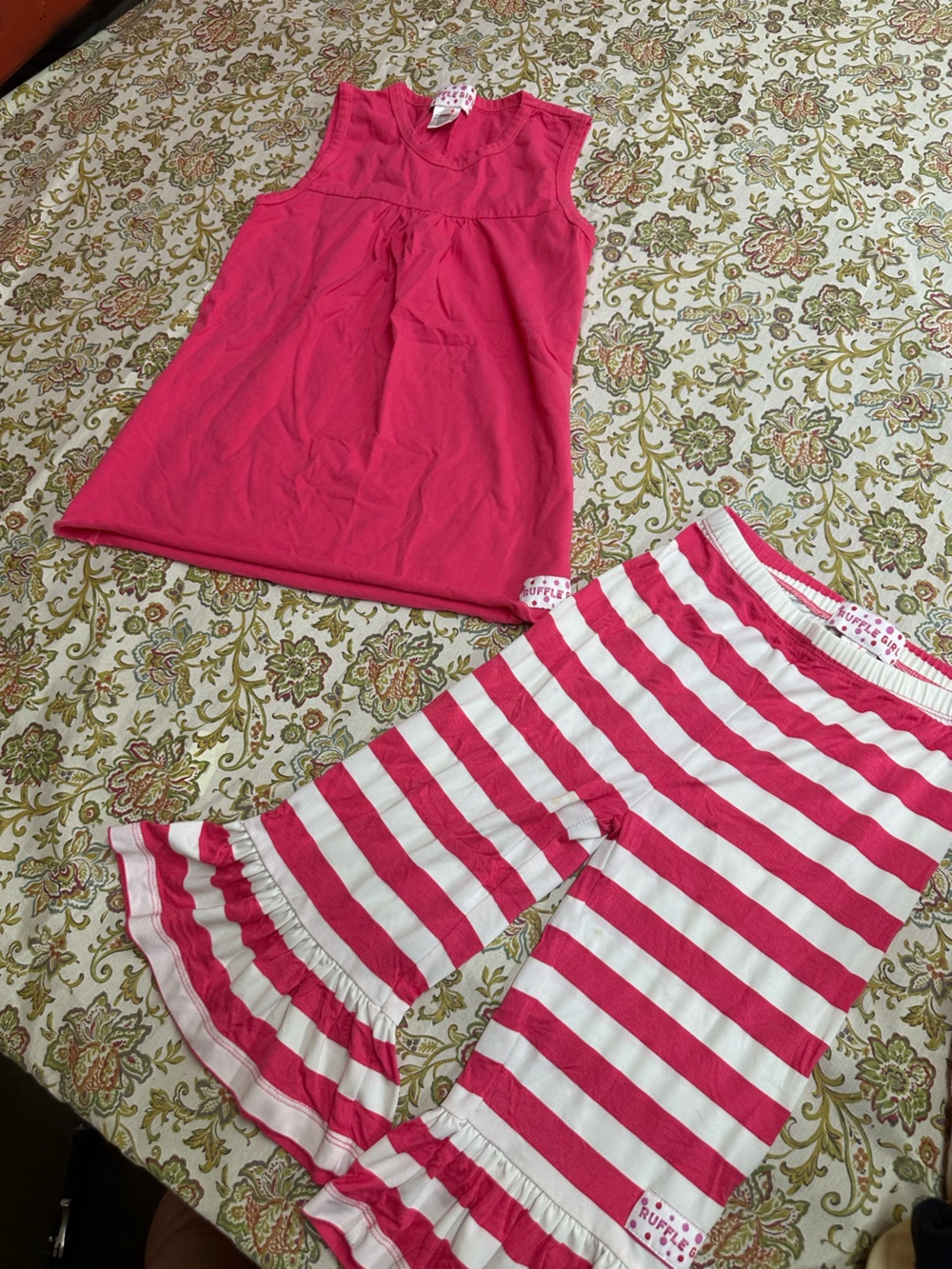 Girls Pink Striped Ruffle Hem Leggings — Bright Pink